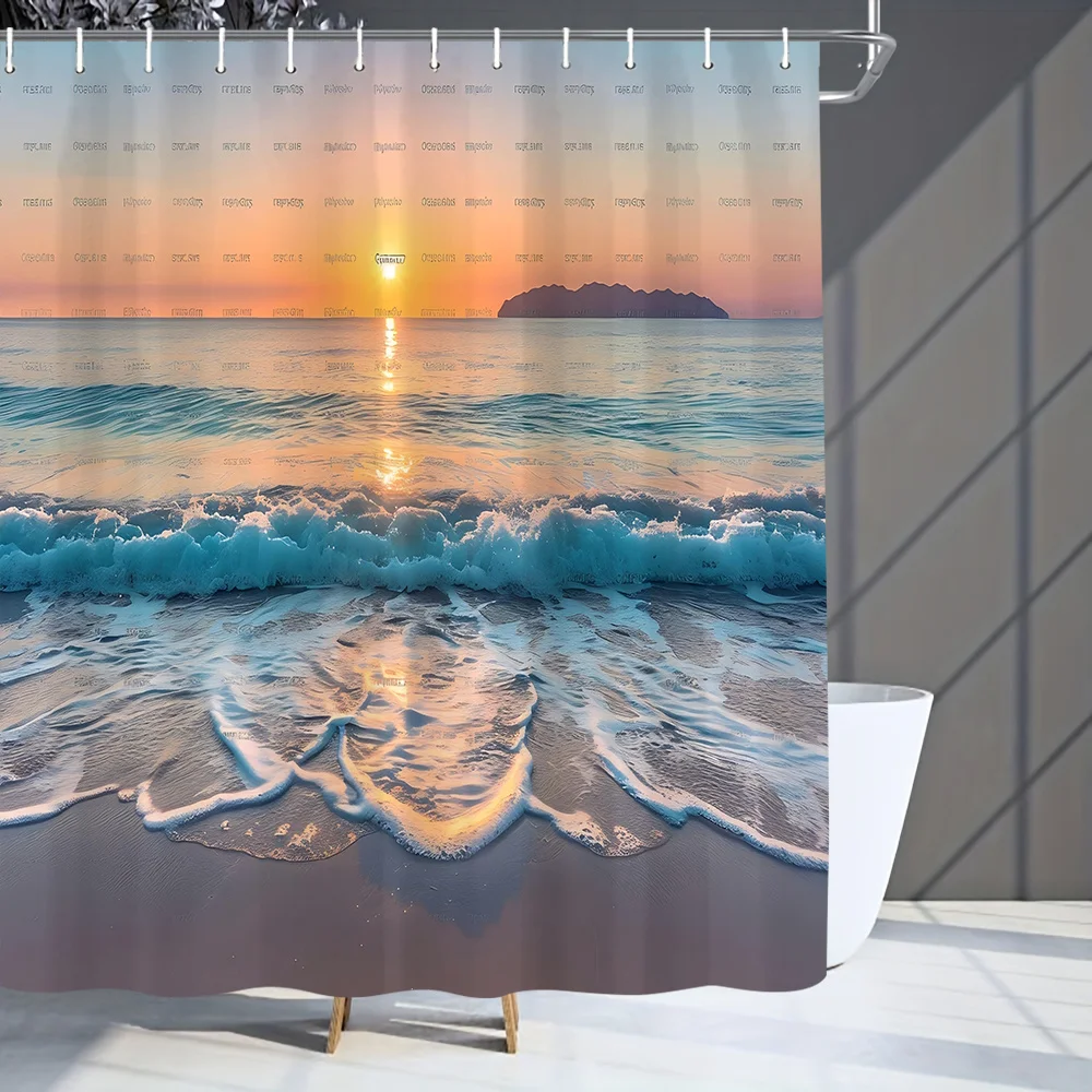 1pc Beach sunrise and seascape patterned shower curtain, machine washable polyester, suitable for bathroom décor.
