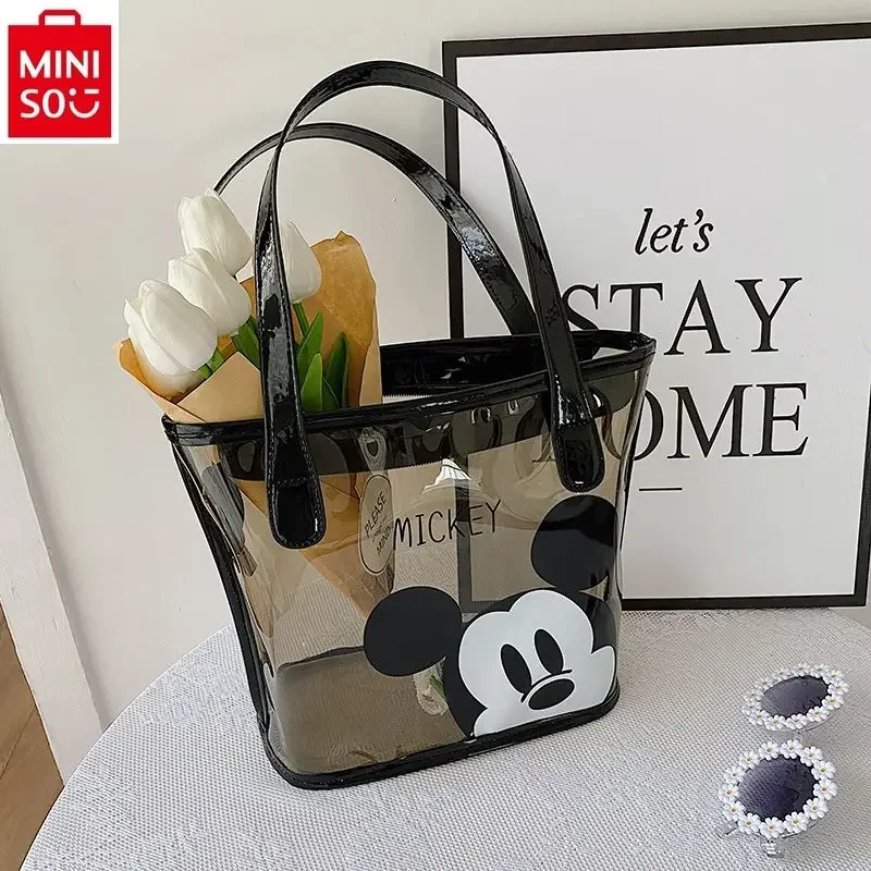 

MINISO Disney Cartoon Mickey Transparent Handbag for Women, High Quality Waterproof and Portable Travel Washroom Storage Bag