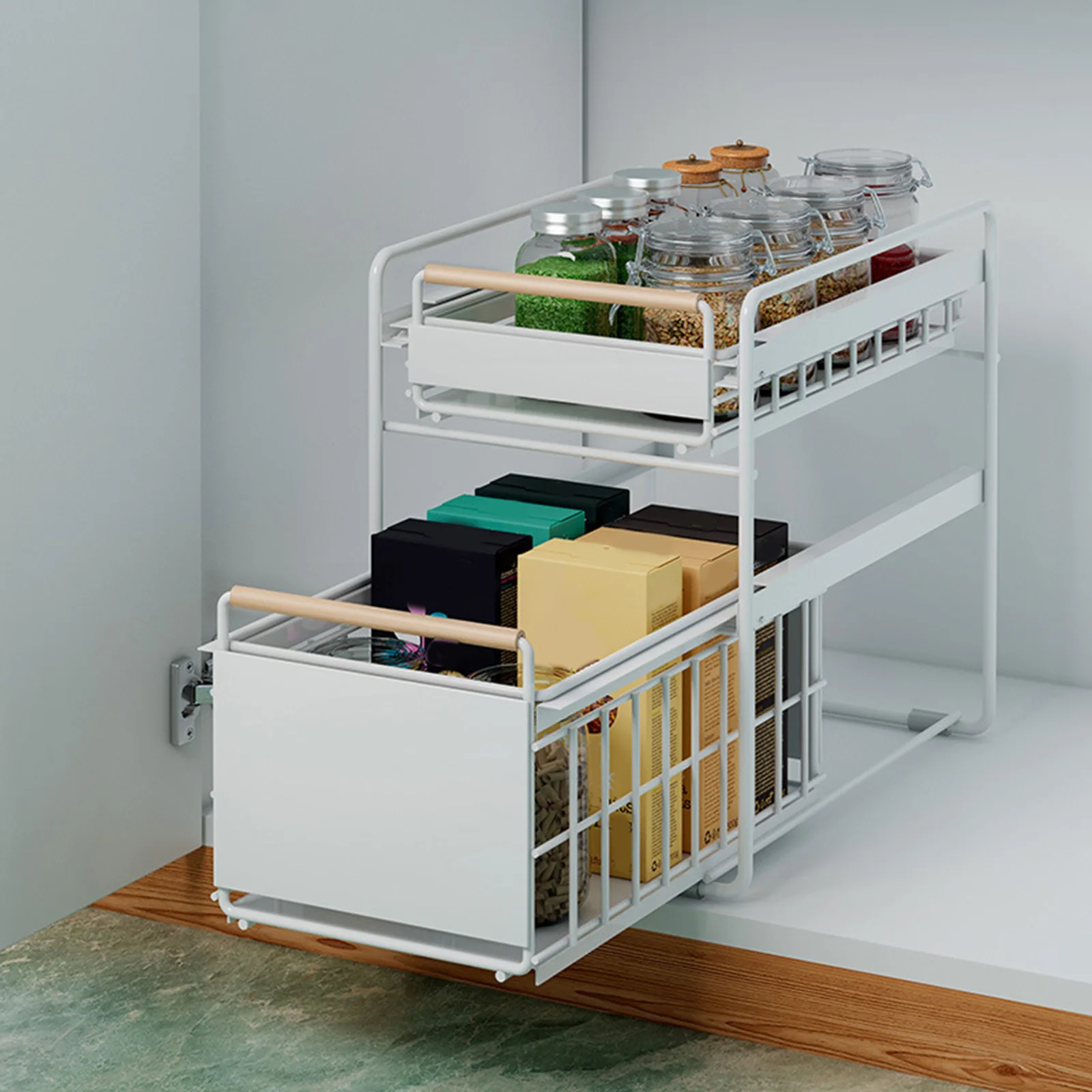 2 Tier Under Sink Organiser Rack Sliding Basket Drawer Carbon Steel Sink Storage Shelves Sliding Bathroom Cabinet Organizer