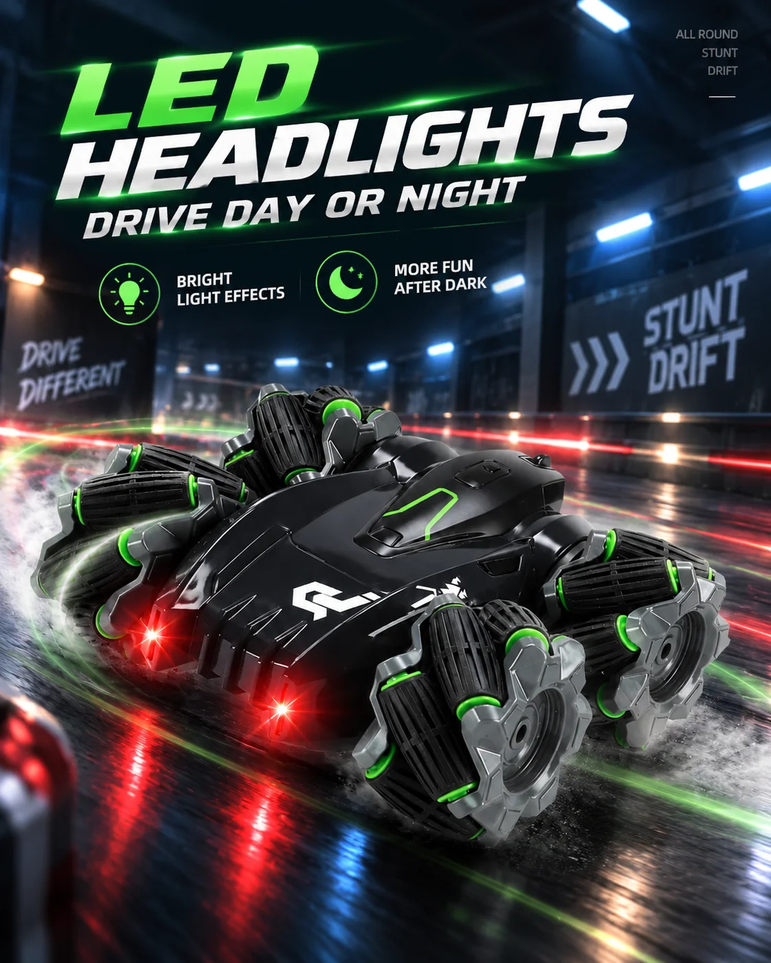 2.4GHz RC Stunt Car for Kids, 4WD Double-Sided Remote Control Car with 360° Rotation, Side Drifting & LED Lights
