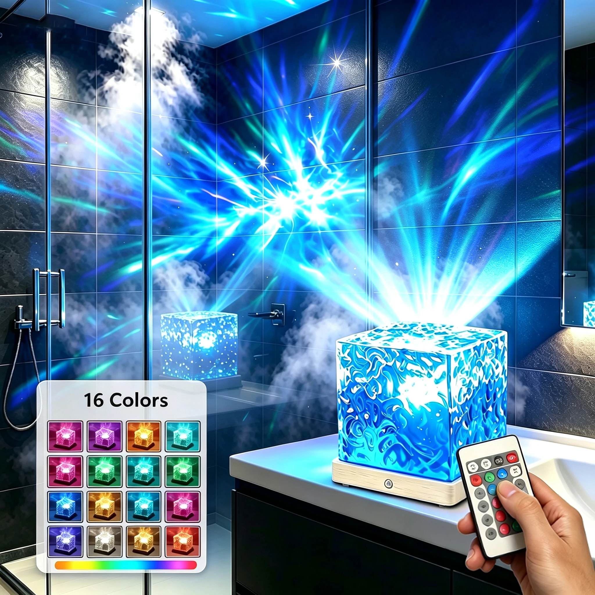 LED Ocean Wave Projector Light 16 Colors Night Light with Remote Auto Rotate Dimming Family Bedroom Romantic Ambient Decor Lamp