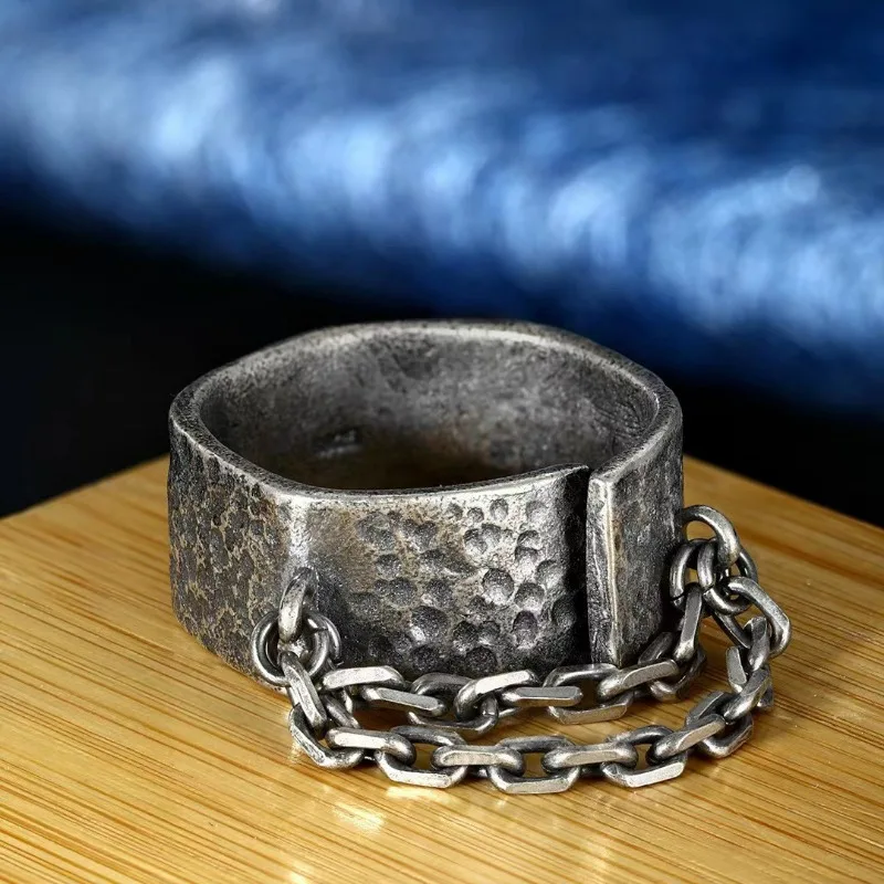 Vintage Hammered Texture Chain Ring, Meteorite Crater Design, Adjustable Open Band, Trendy Personality Jewelry