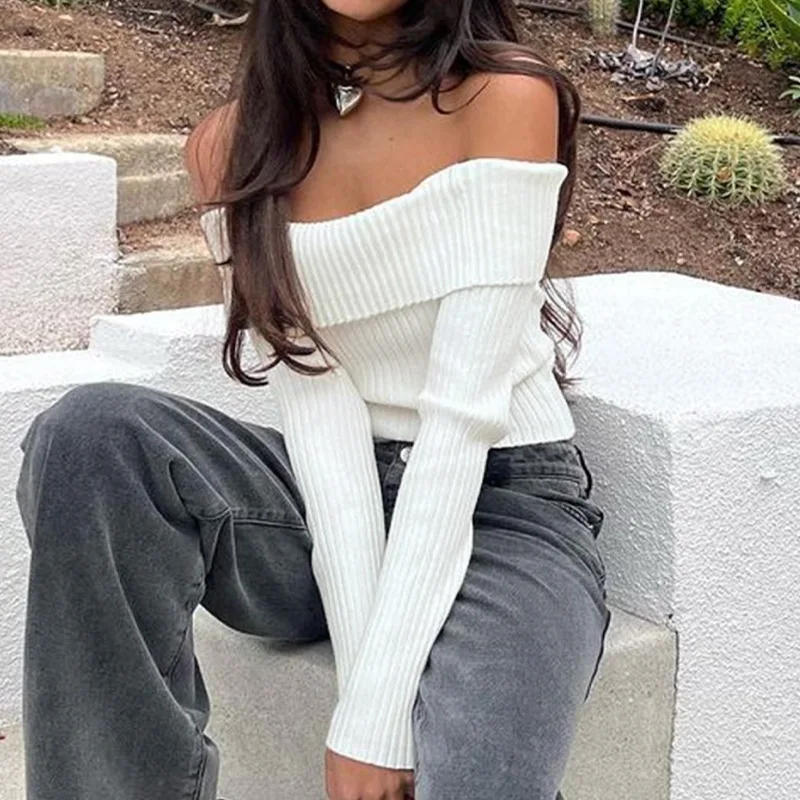 

Pullovers Women Sweaters Off Shoulder Full Sleeve Jumpers Y2k Streetwear Short Tops Elegant Splice Knit Casual Spring 2026
