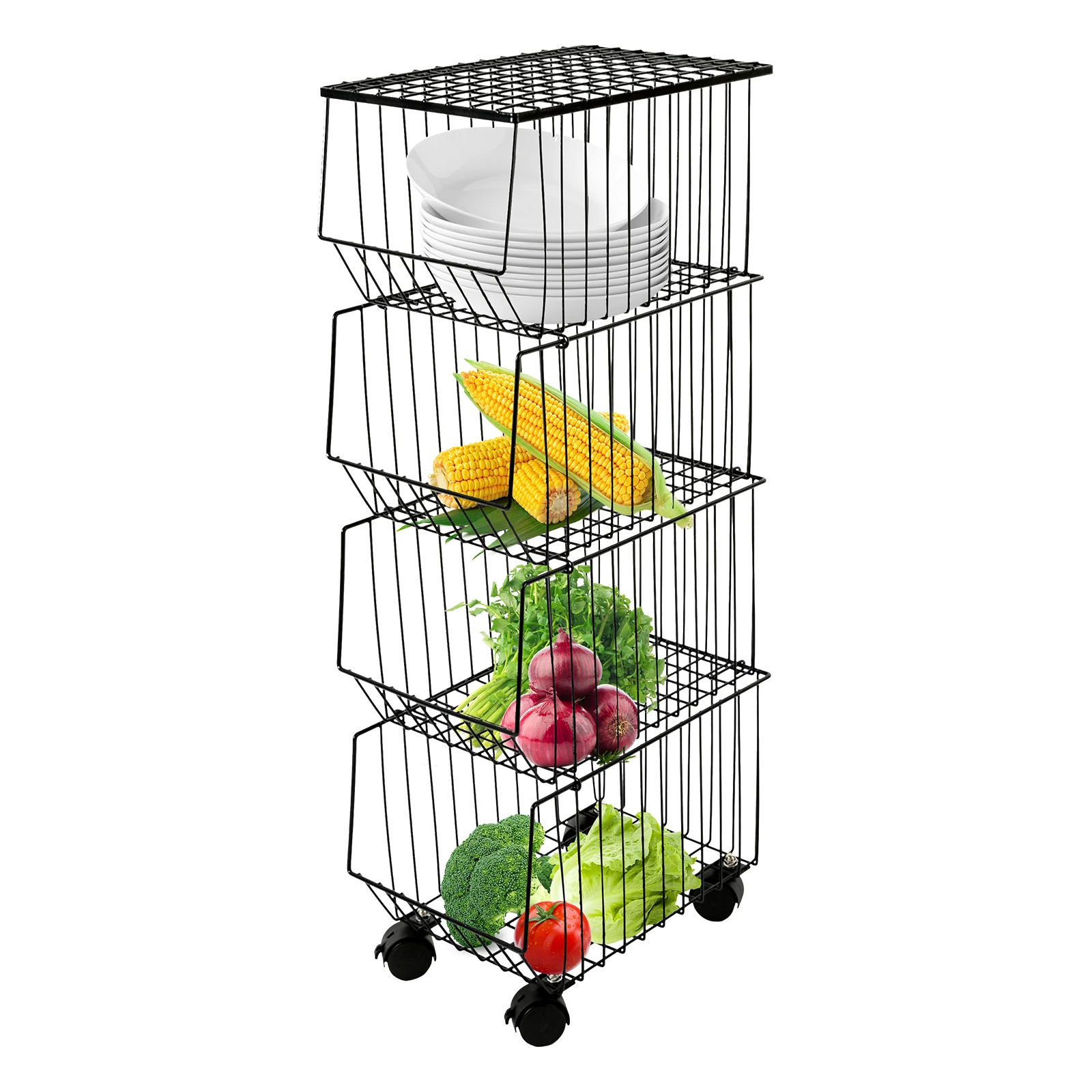 

4-Tier Fruit Storage Cart, Kitchen Fruit Vegetable Basket Stand, Fruit Basket with Wheels, Household Storage Rack