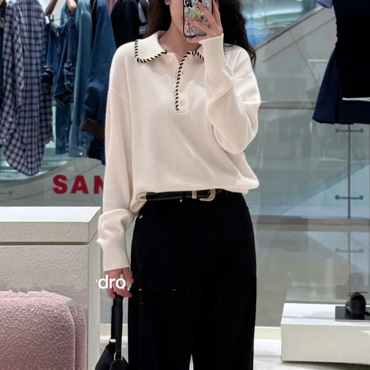 High-End Version European Sle Casual Long Sve Knitted irt Collar Women's Autumn Winter White Stitching Design Faion