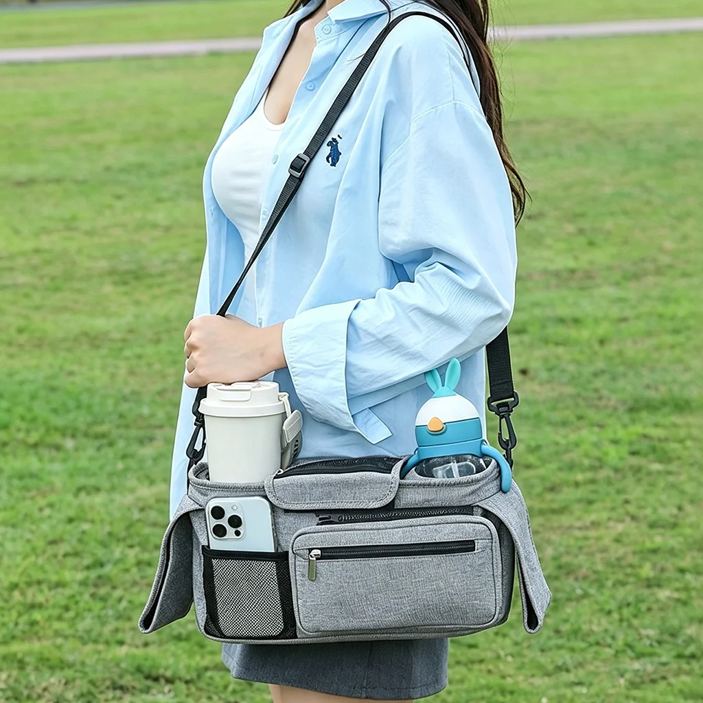 Universal Stroller Organizer Bag With 2 Insulated Cup Holders Detachable Phone Pocket And Velcro Hooks For Baby Pram Pushchair