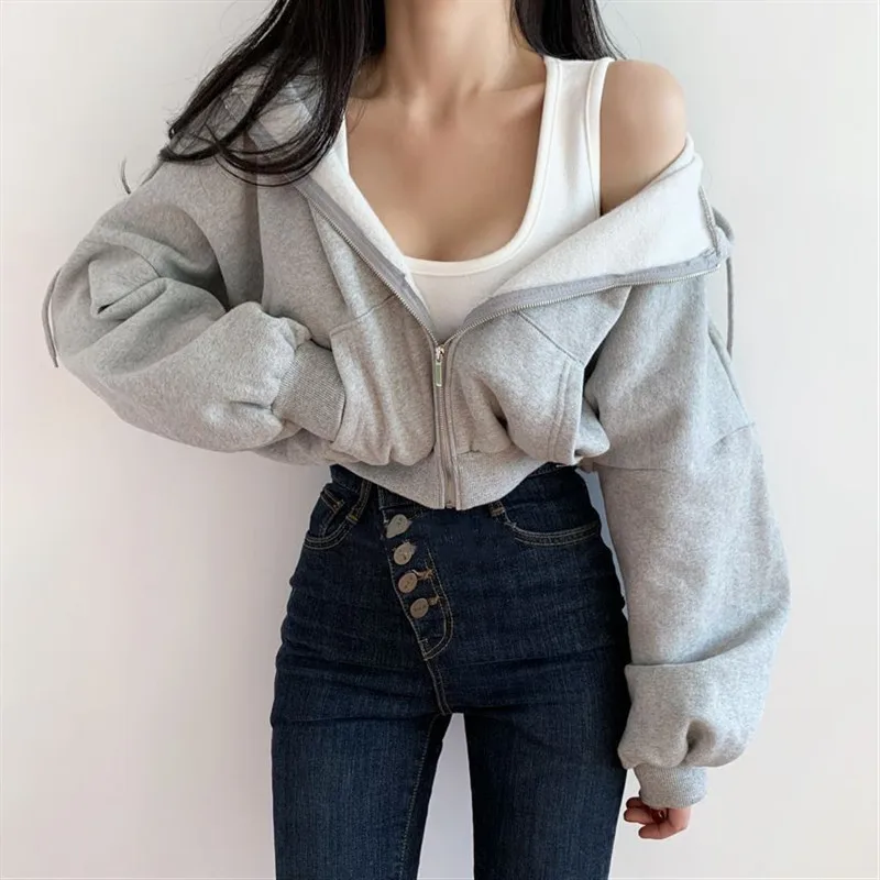 Women Plain High-waisted Fleece Short Zip Up Hoodies Winter Basic Casual Loose Sweatshirt S to XXL Oversized Hooded Jackets Coat