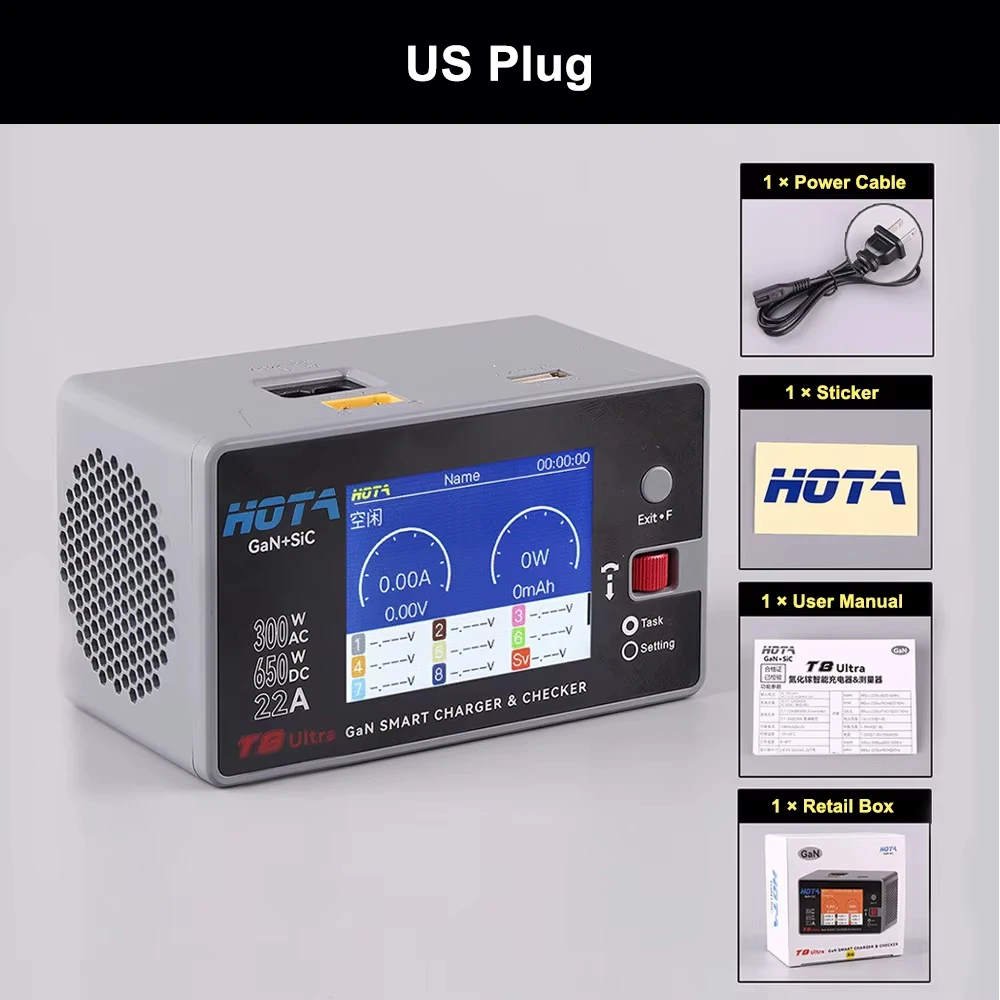 HOTA T8 Ultra Intelligent Battery Charger, 8S Lipo Balancing Charger GaN AC300W DC650W, US/EU/UK Plug for RC FPV Drone Battery