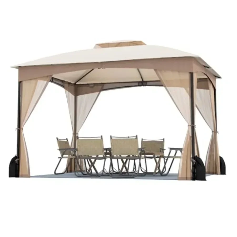 Outdoor Gazebo with Netting Double Roof Patio Shelter with 4 Sandbags Zippered Doors Heavy-Duty Metal Fe Metal Patio Gazebo for