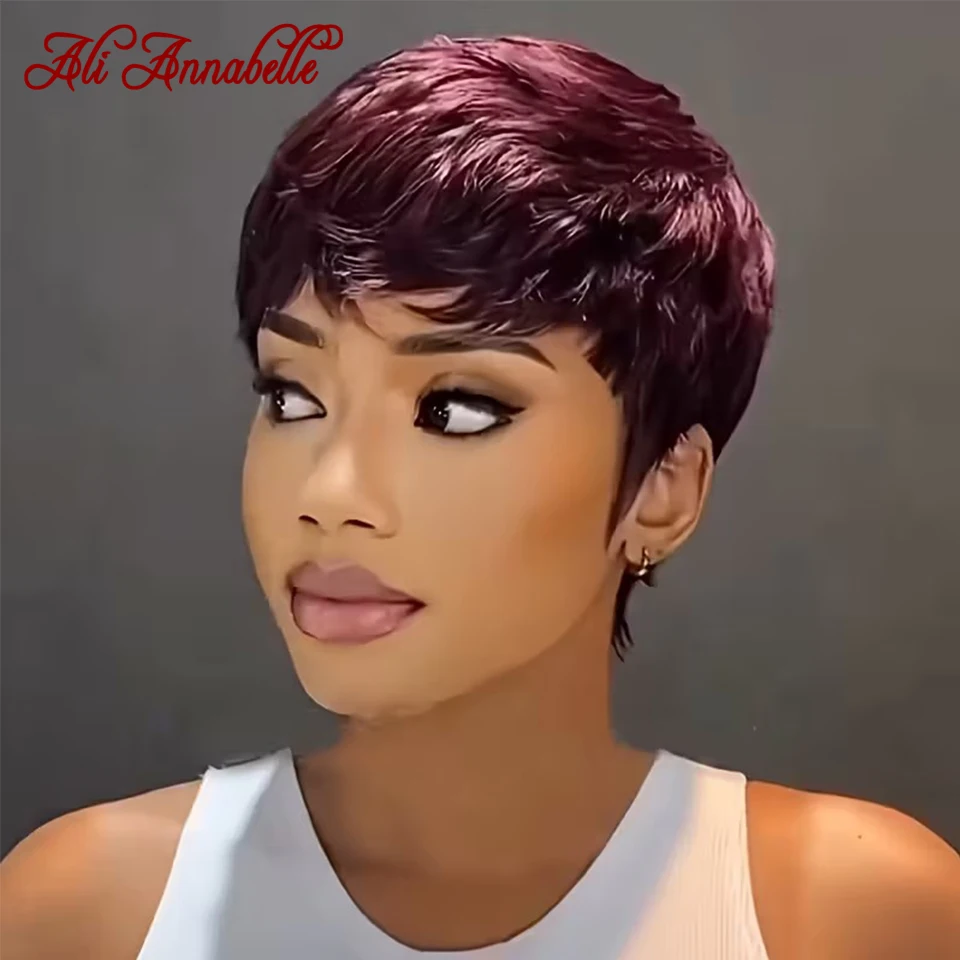 Ali Annabelle Hair 4 Inch Red 99J Burgundy Pixie Cut Wigs with Bangs Human Hair Wigs for Women Full Machine Made Wigs Daily Wear - Image 2
