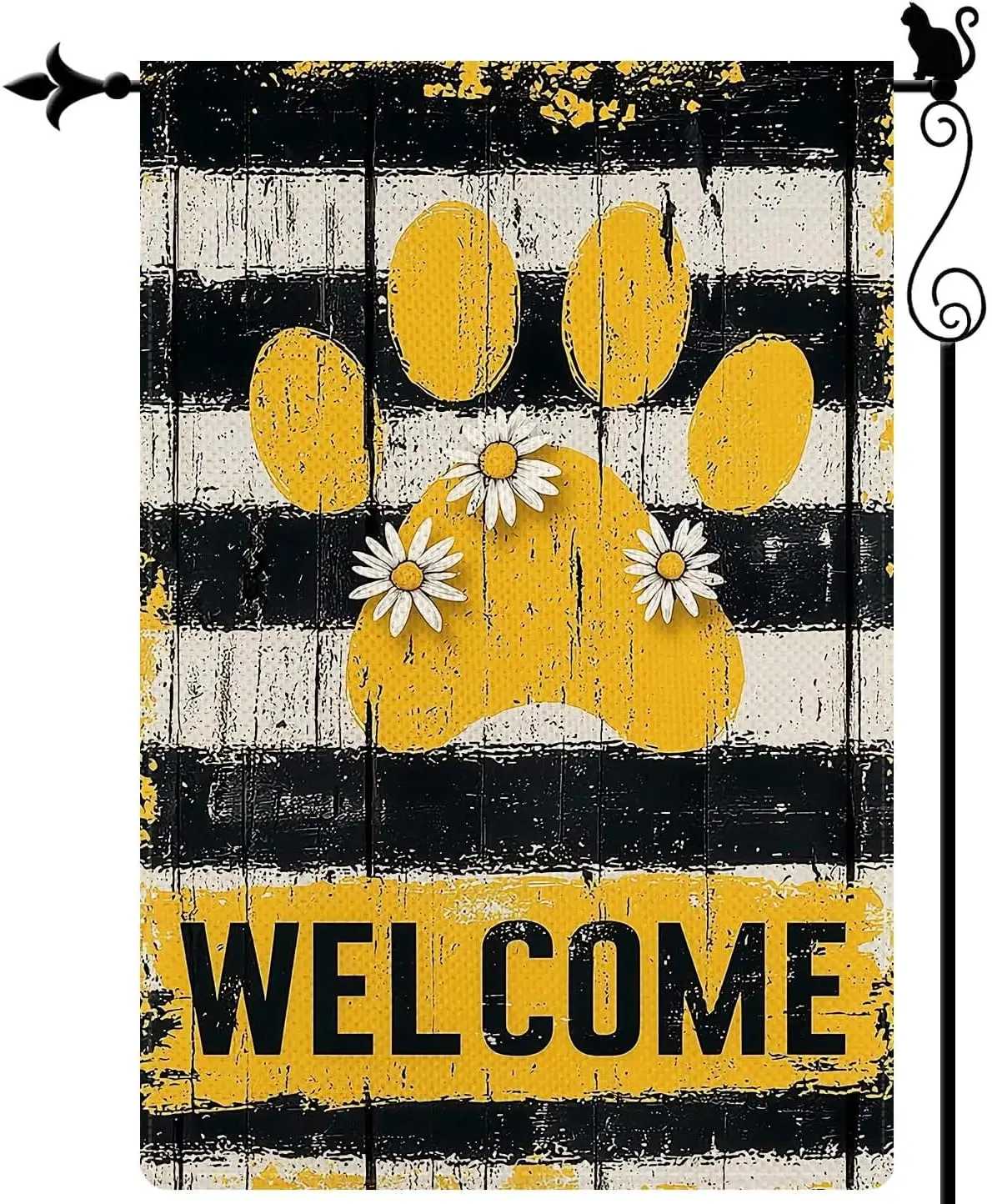 Whimsical Yellow and White Paw Print Garden Flag with Daisies and Welcome Sign Vertical Double Sided Seasonal Yard Lawn Outd SSL