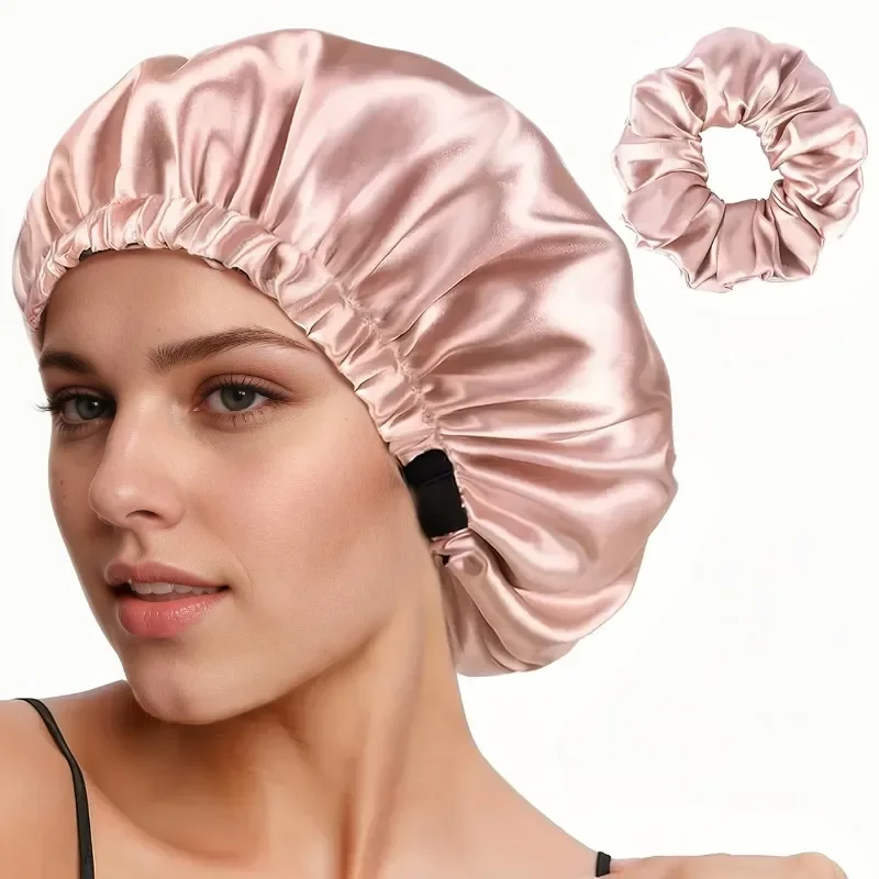 Adjustable Double Layer Satin Sleeping Bonnet Reversible Hypoallergenic Adult Hair Cap Soft Comfortable Home Sleep Head Wear