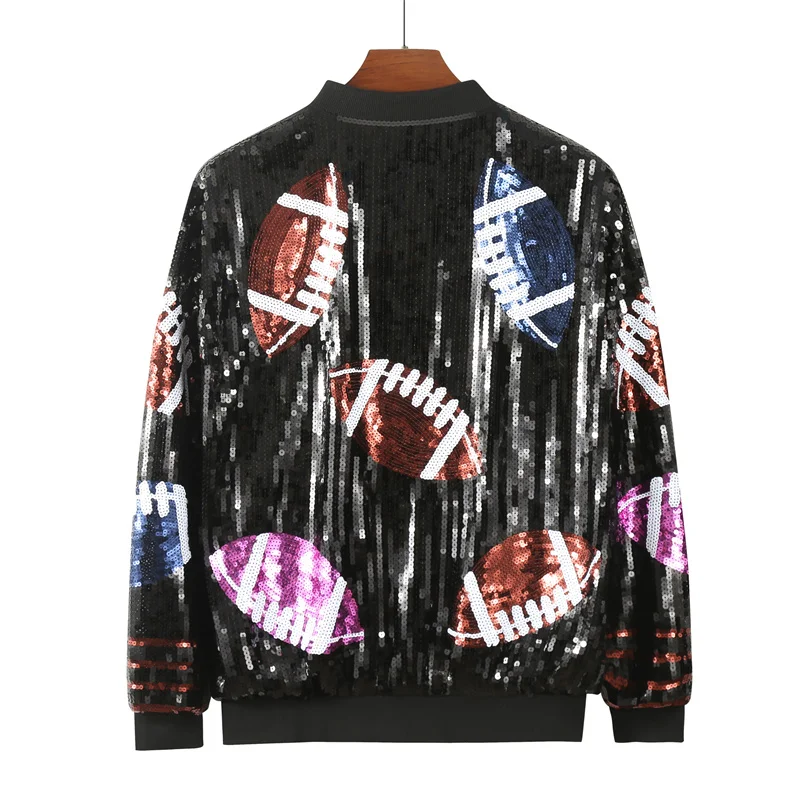 Autumn High Waist Patchwork Color Striped Streetwear Long Sleeve Sequins Jacket Hip Hop Round Neck Geometric Women's Coats