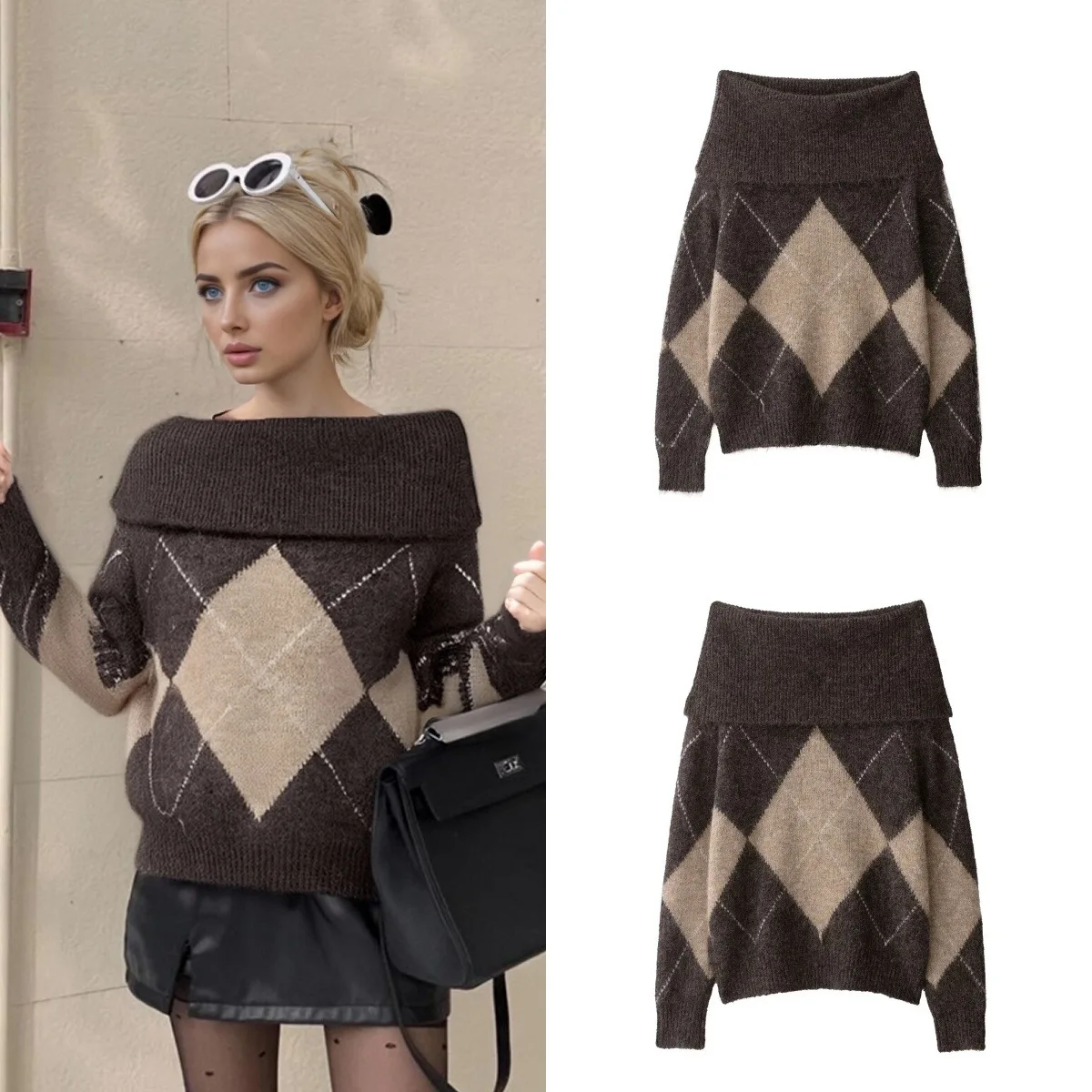 Novo maillard manga longa em camadas fora do ombro camisola de malha topo casual sexy moda única feminina topo outono pulôver