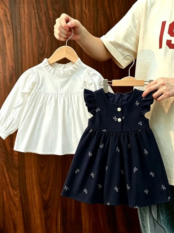 Girls' Autumn Fashionable Sweet Style Baby Doll Shirt Dress Two-Piece Set Sleeveless Dress with Flying Sleeves for Toddlers