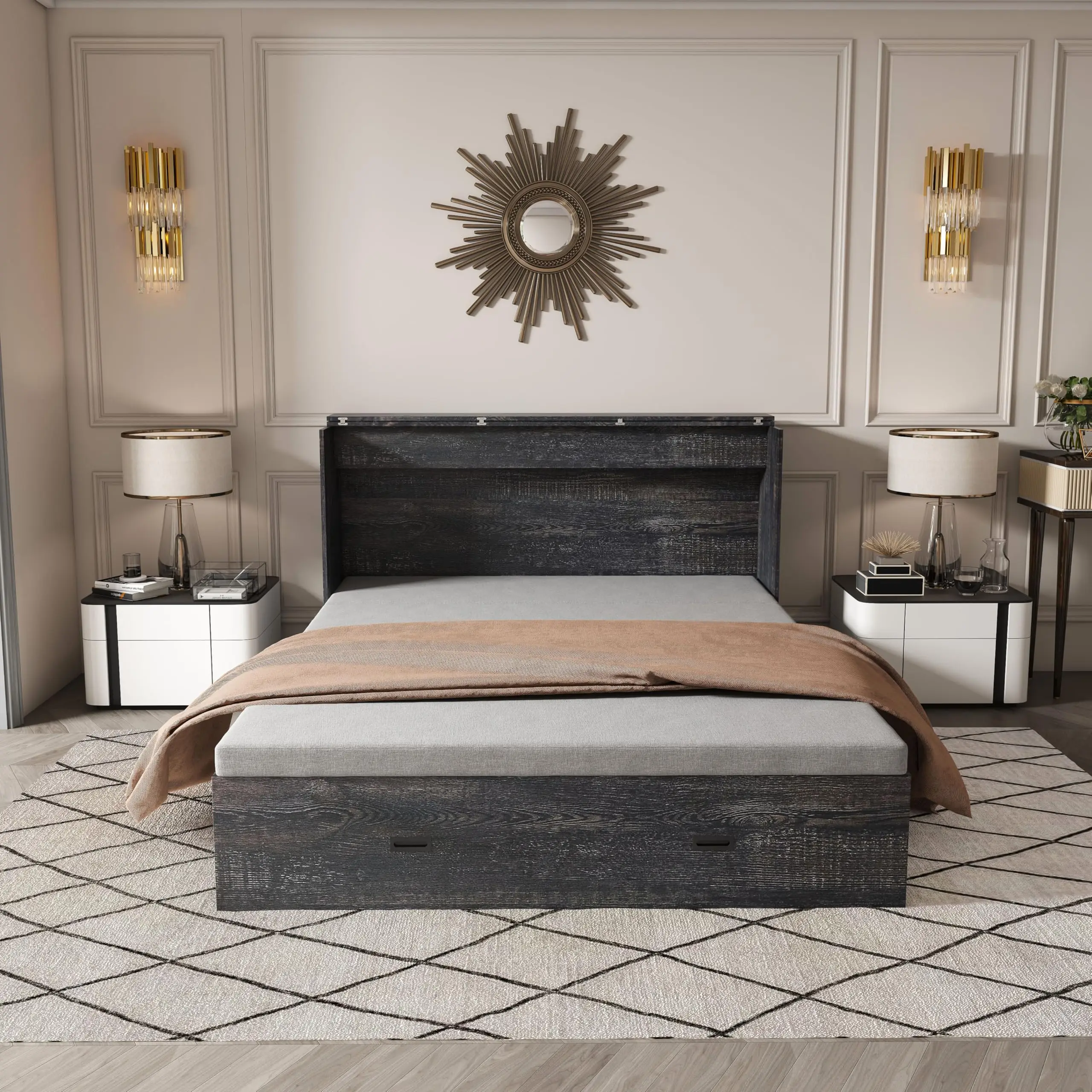 Full Murphy Bed, Space Saving Wall Bed with Storage Drawers & Charging Cabinet, Murphy Cabinet with Foldable Panels and