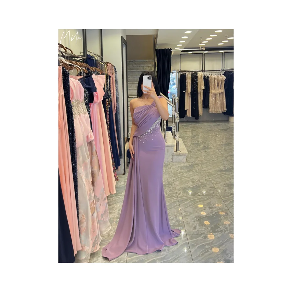 

Mila Purple Strapless Simple Prom Dress One Shoulder Customized Luxurious Evening Dresses Sheath Floor-Length vestidos de fiesta