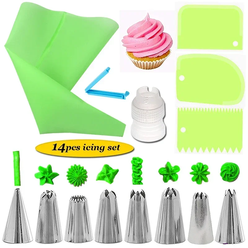 1-14pcs Reusable Icing Piping Nozzles Set Converter Scraper Pastry Bag Flower Cream Tips Baking Cup DIY Cake Decorating Tools