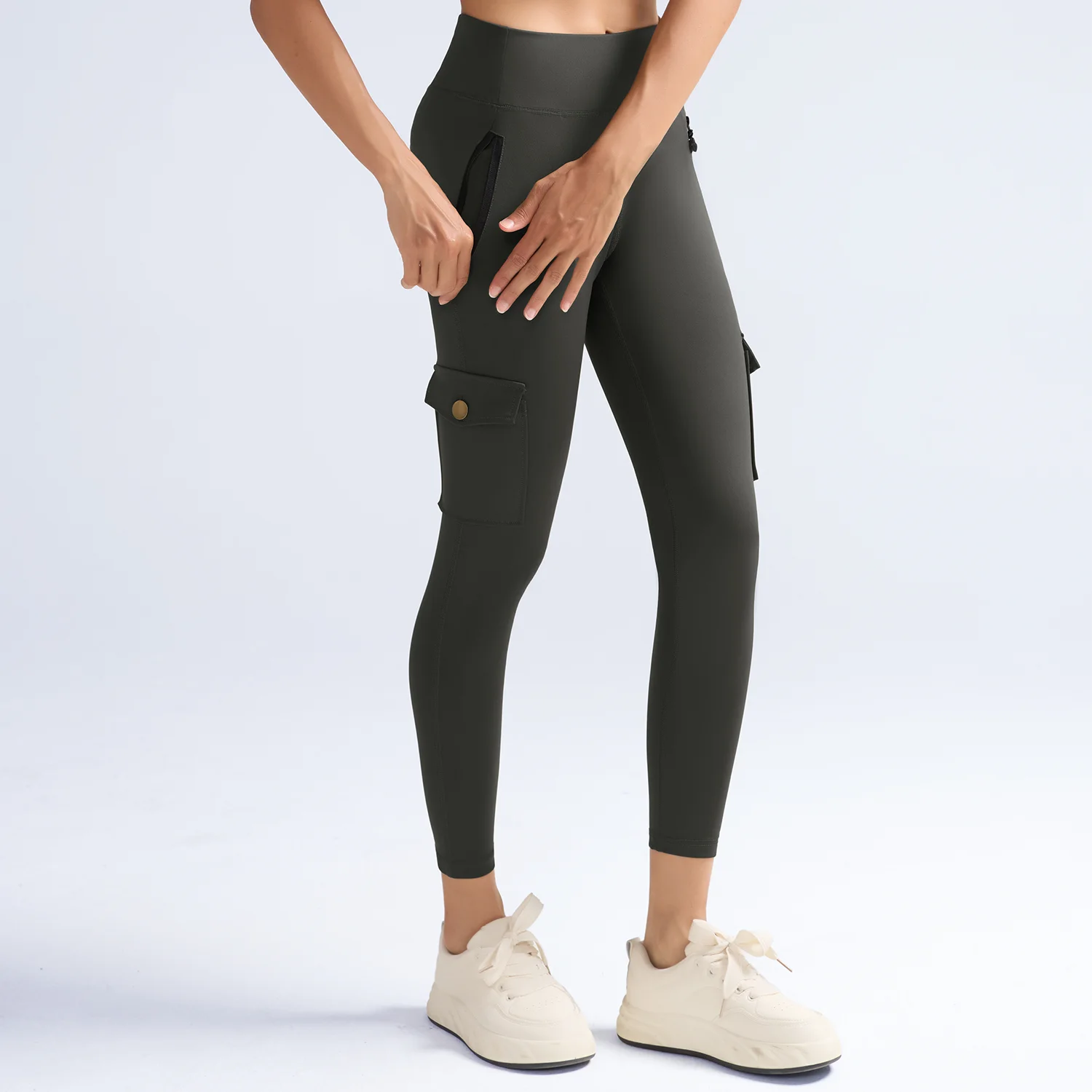Double Zip Pocket Utility Yoga Pants Women's Stretch Tummy Control Fintness  Sports Leggings Butt Lift Solid Color Running Pants