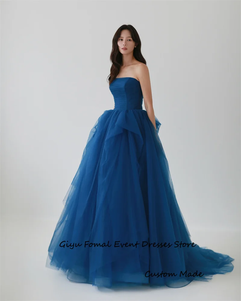 Giyu-Robe de Mariée Élégante en Tulle Bleu, Tenue de Soirée Formelle avec Traîne pour Séance Photo en Corée