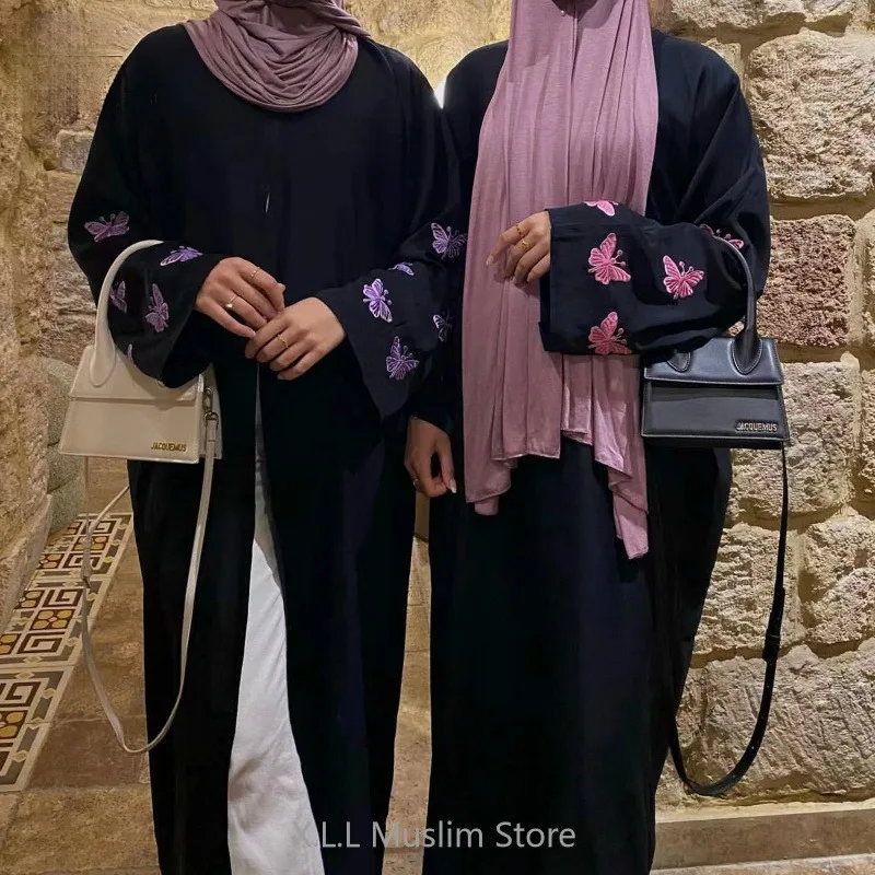 

Fashion Butterfly Eid Embroidery Open Kimono Abaya Elegant Dubai Turkish Casual Party Dresses Moroccan Kaftan Long Loose Robes