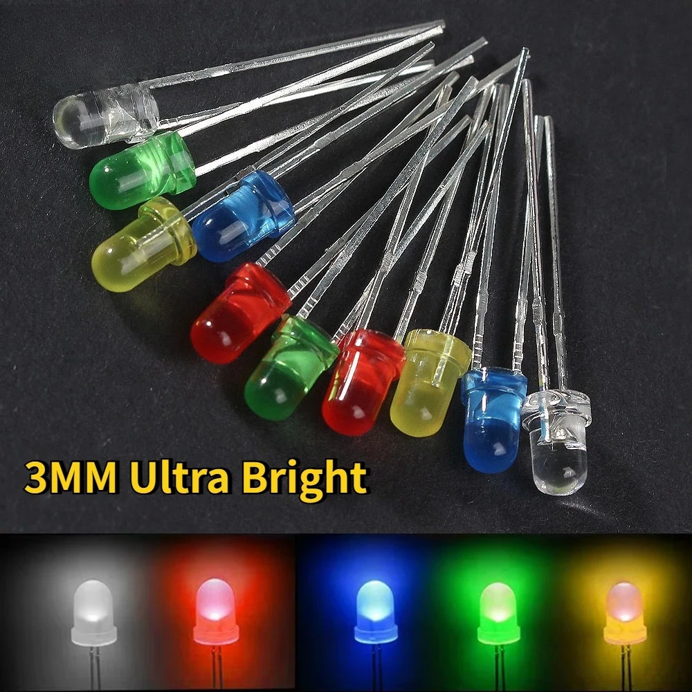 100PCS 3mm F3 LED Diode Kit Ultra Bright White/Yellow/Red/Green/Blue Assorted Colors LED Diode for Electronic Diy Kit