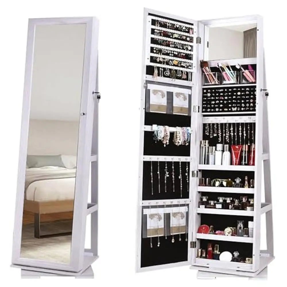 Kabinet perhiasan berputar kabinet penyimpanan kayu Armoire dapat dikunci 360 ° rak Organizer Makeup putar kalung anting cincin kait