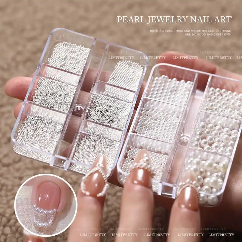 

12Grids 2Box White Pearls & Silver Steel balls Nail Charms Mixed size Flatback Pearls Rhinestones Caviar Beads Manicure Supplies