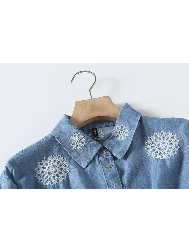 2023 Fall New Cotton Denim Shirt Vintage Embroidered Women\'s Long Sleeve Literary Casual Commute Comfortable Blouse T39524QD