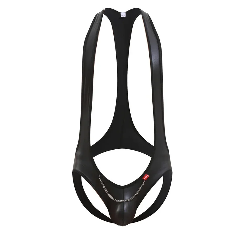 

Мужской кожаный боди с бандажами, майки, сексуальные комбинезоны с открытыми ягодицами, комбинезон из искусственной кожи, синглетный трико для геев, нижнее белье