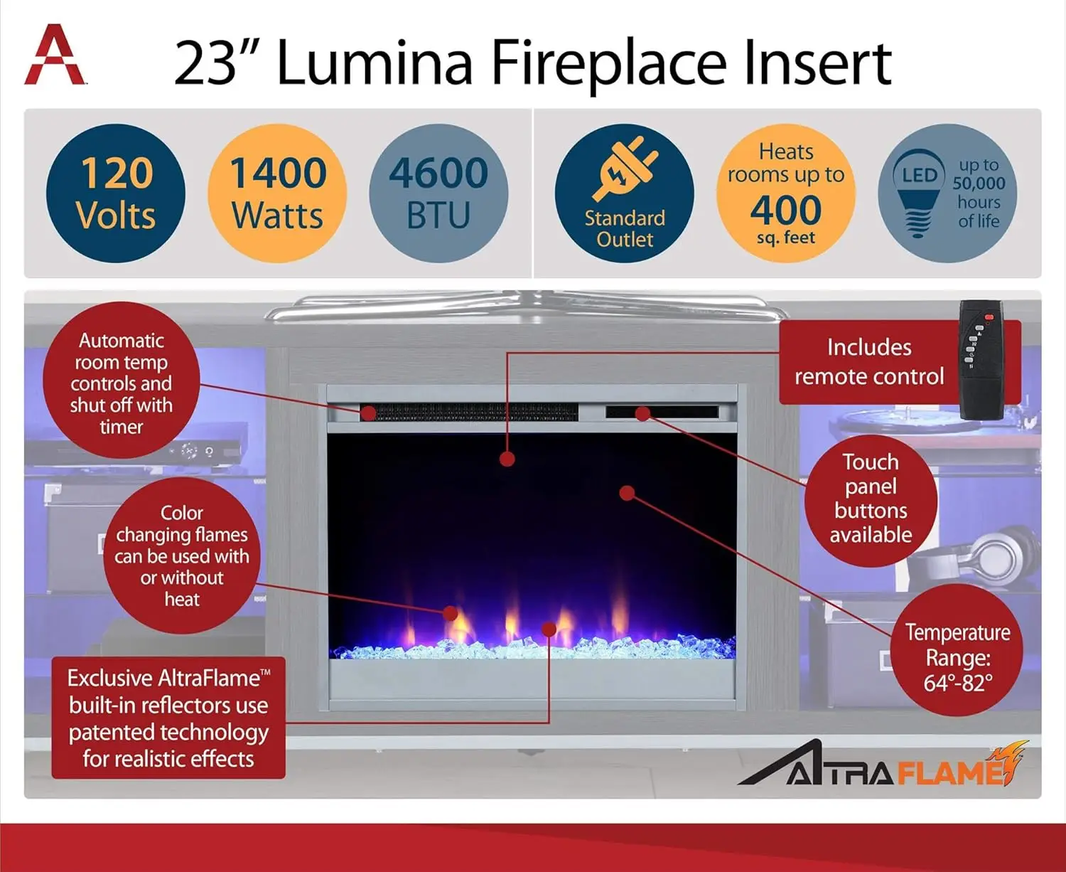 Lumina soporte de TV para chimenea de hasta 70 pulgadas, calentador eléctrico reemplazable, Control remoto