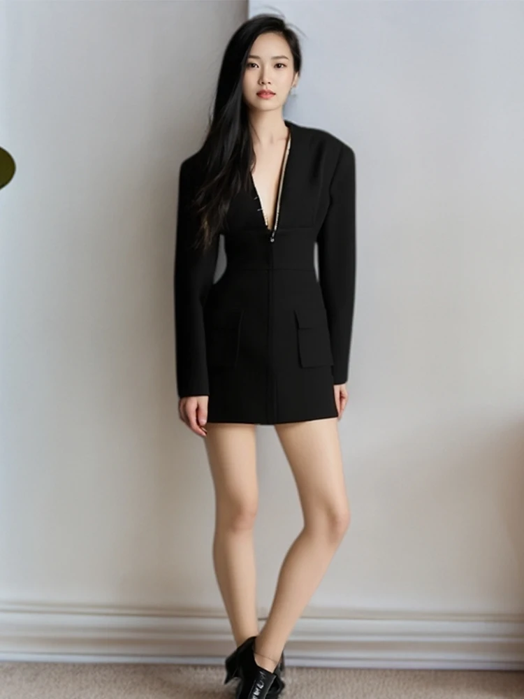 

Elegant Pure Desire Sexy V-neck Tabblished Waist Slimming Suit Dress Women's Fashion 2025 New High Quality A-line Skirt