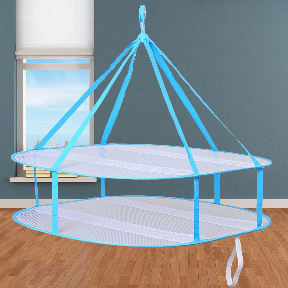 

Folding 2 Tier Drying Basket Rack Foldable Clothes Hanger Mesh Laundry Rack Indoor Outdoor Use Hanging Sweater Dryer Nylon