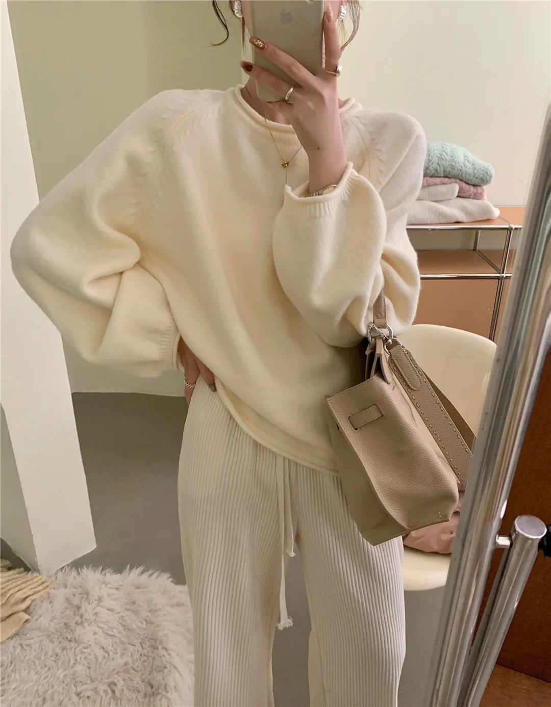 Oversized Roll Edge Crew Neck Knit Pullover Sweater Top For Women Soft Slouchy Loose Knitted Top Minimalist Aesthetic Casual