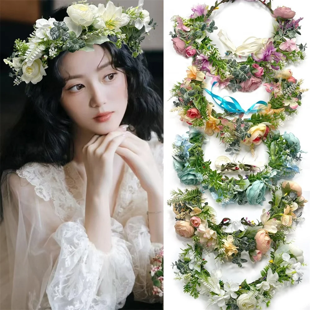 

Artificial Women's Flower Crown Diadem Adjustable Silk Ribbon Hairbands Flower Head Wreath Wedding Photography Princess Crowns