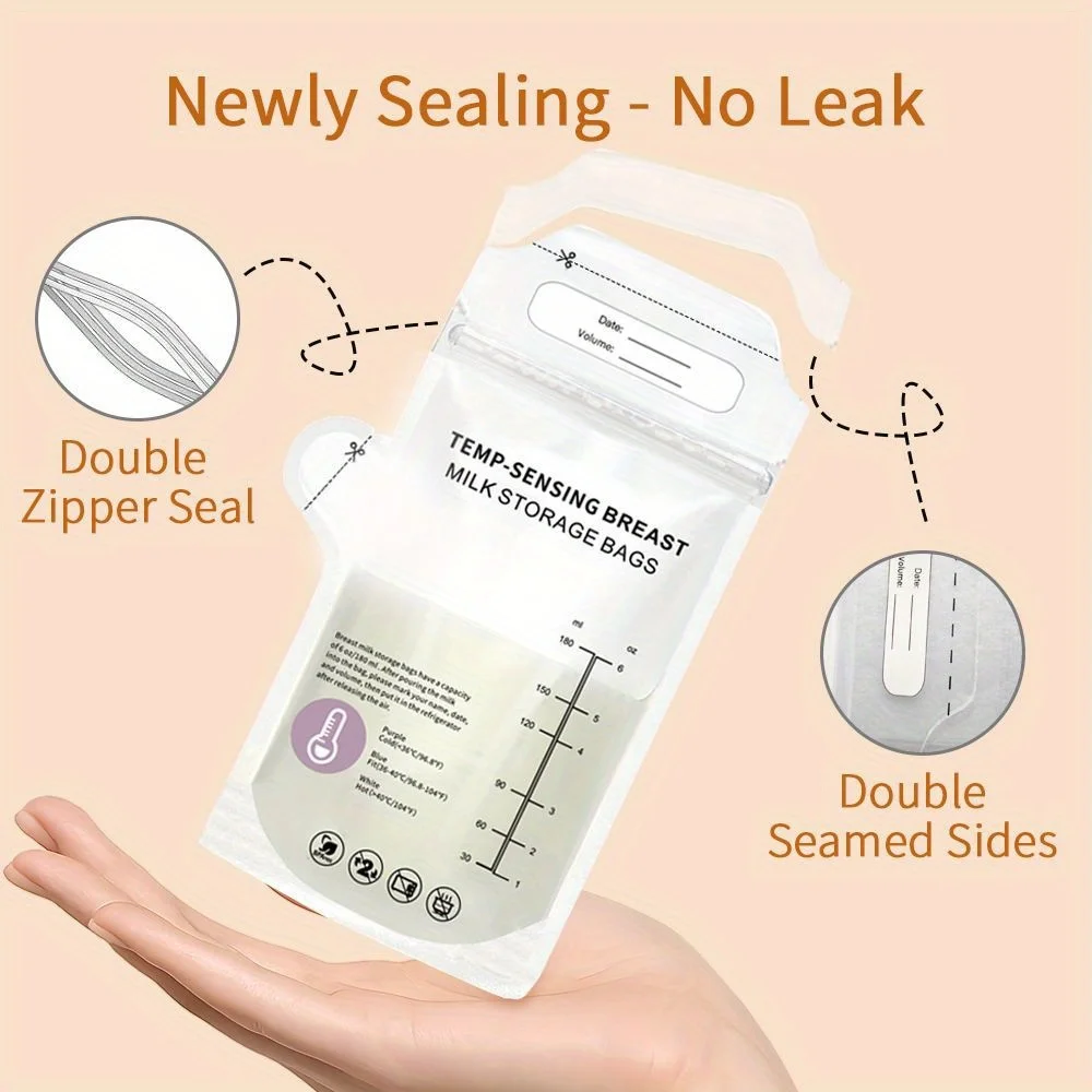 30 sacos de armazenamento de leite materno dos pces, saco de armazenamento de leite materno de 6oz com bico de derramamento, saco de leite de mudança de cor de detecção de temperatura