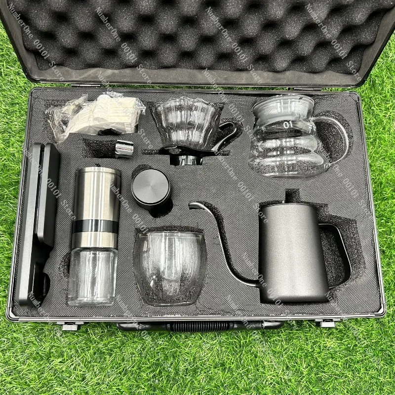 Elegant Aluminum Case Pour Over Coffee Set 10 Piece Hand Drip Coffee Gift Box Portable Travel Brewing Kit with Dripper Kettle