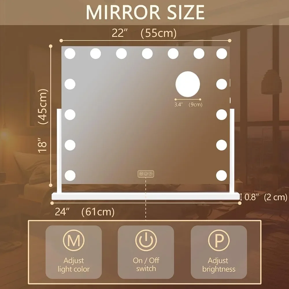 

ez Vanity Mirror with Lights, 22" x 18" with 15 Dimmable Bulbs, 10X Magnification and USB Charging Port, Touch 3 Colors Dimmable