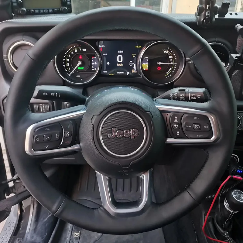 

For 2018-2024 Jeep Wrangler DIY Hand Sewn Needle Thread Car Steering Wheel Cover Interior Car Accessories Genuine Leather Black