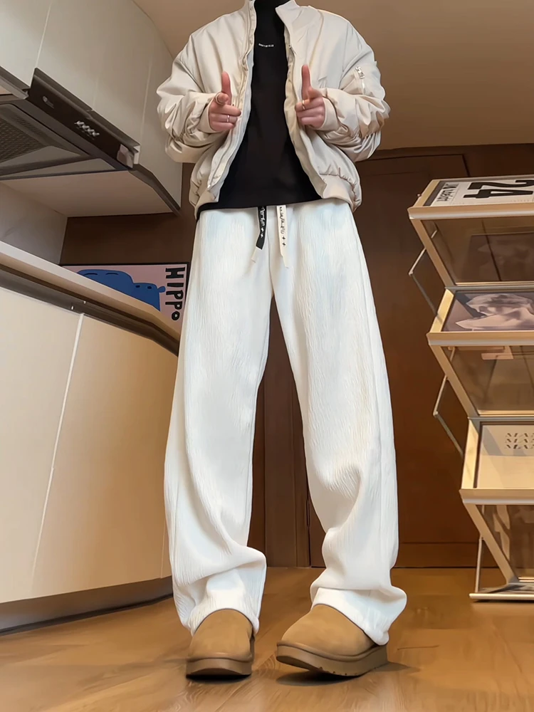 Winter Men's Fce Lined Straight Leg Pants Cleanfit Bend Knife Wide Leg Casual Trousers White Comfortable Loose Fit Faion...