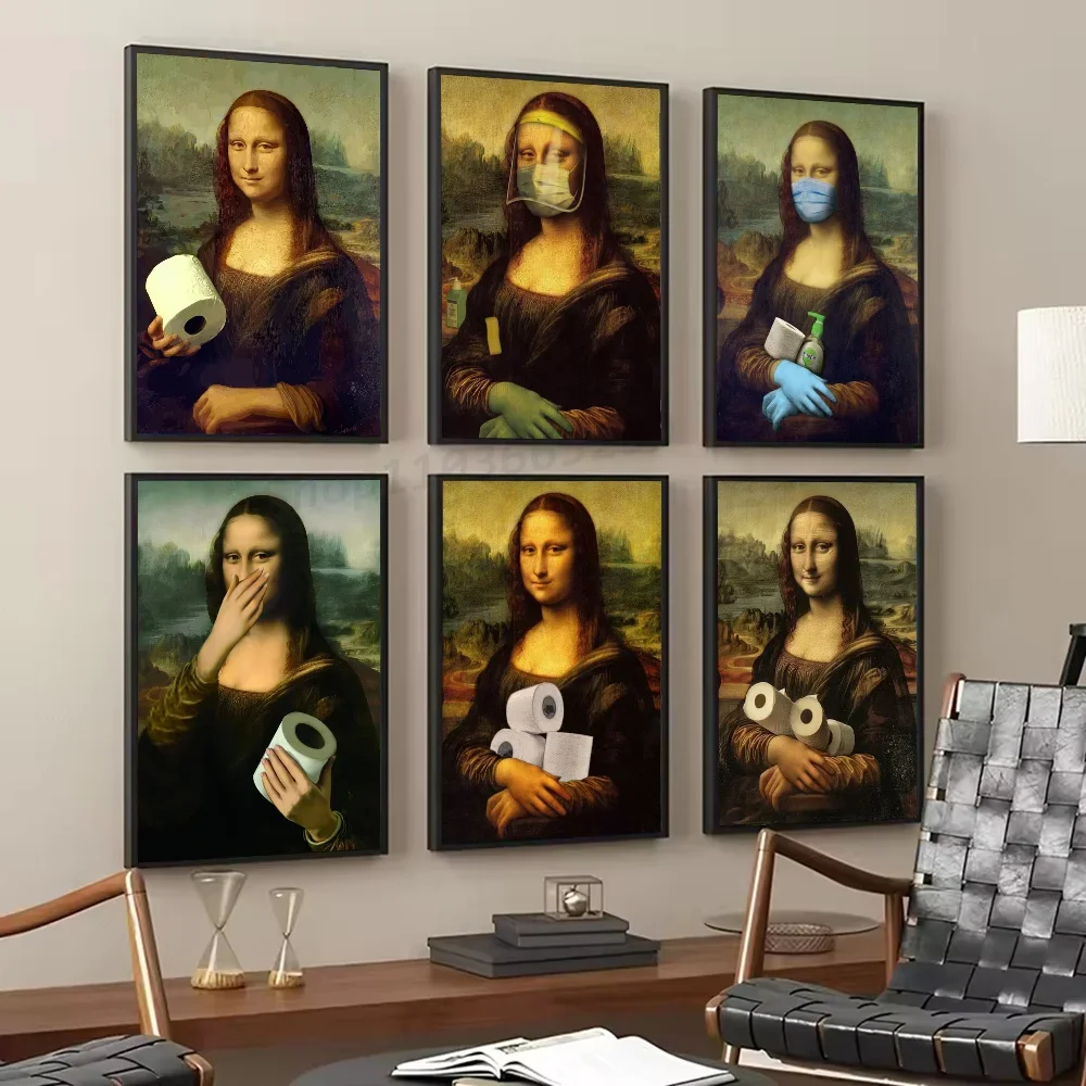 1pc zabawna toaleta Mona Lisa nosząca perły dziewczyna z rolką papierowy plakat samoprzylepna sztuka wodoodporna naklejka papierowa dekoracje ścienne