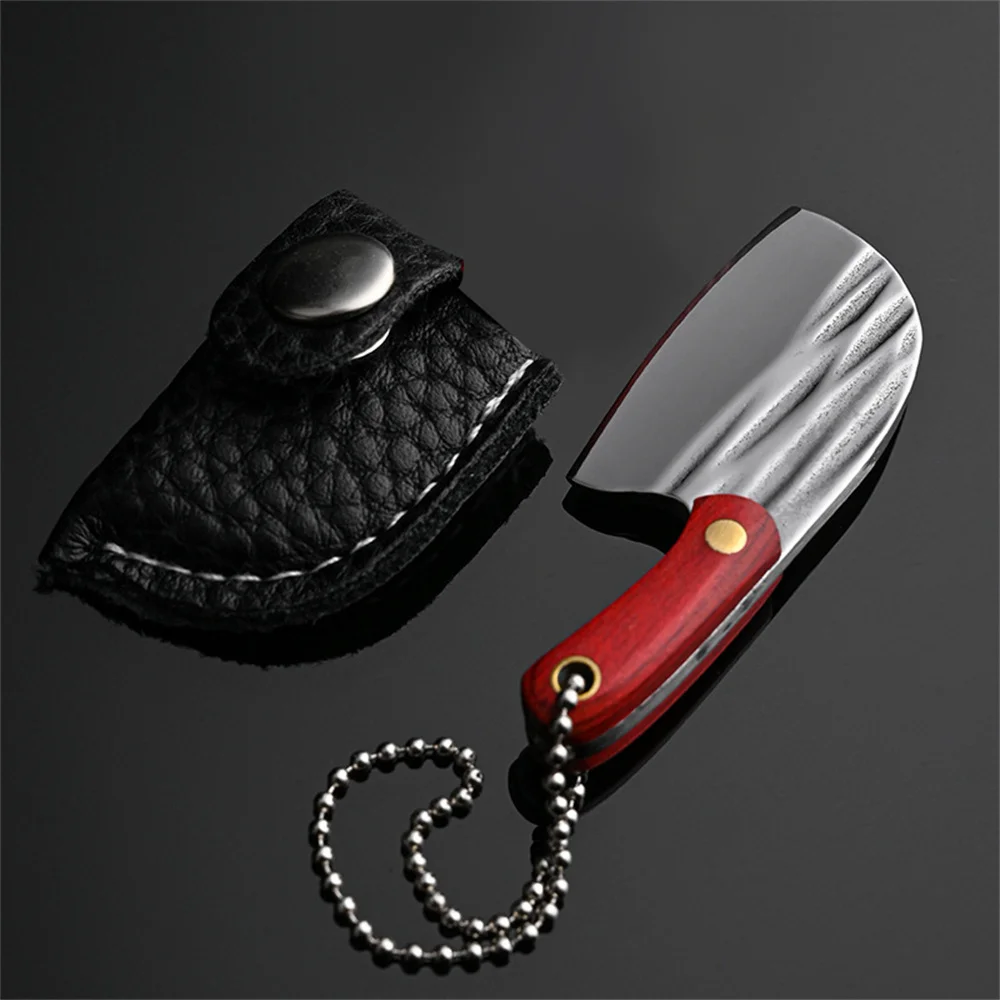 Portable Mini Keychain Kitchen Knives Pendant With Leather Case Wood Handle Stainless Steel Key Chains Outdoor Cutting Tools view 4