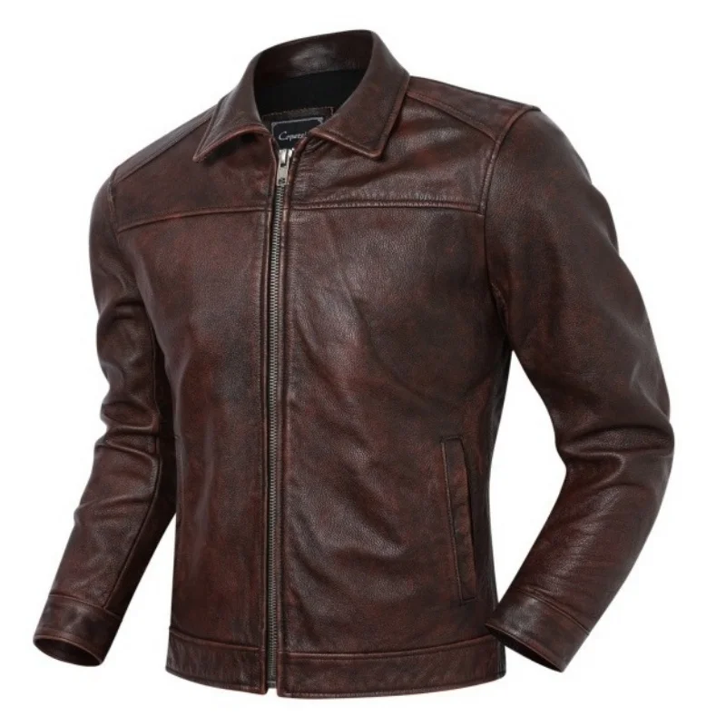 

Винтажная коричневая кожаная куртка в стиле ретро с завязками, верхний слой из воловьей кожи, мотоциклетная повседневная верхняя одежда, модная мужская одежда
