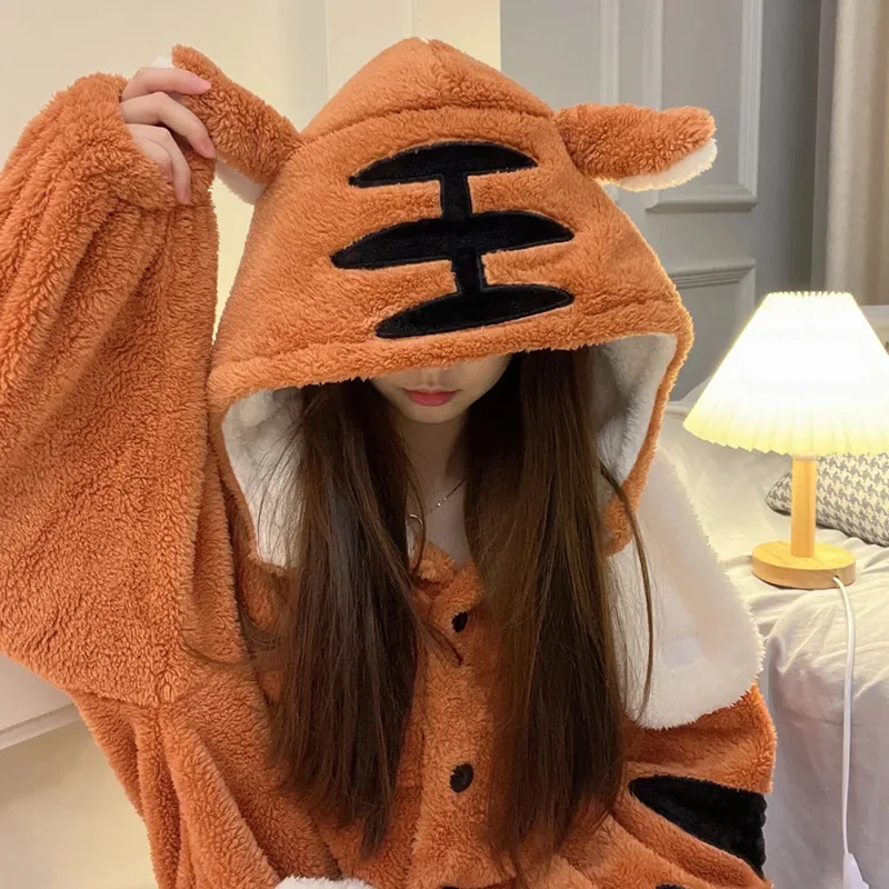 Women Robes Winter Warm Coral Fleece Tiger Warm Nightgown Animal Cosplay Hooded Sleepwear Cute Cartoon Pyjama Homewear Bathrobe