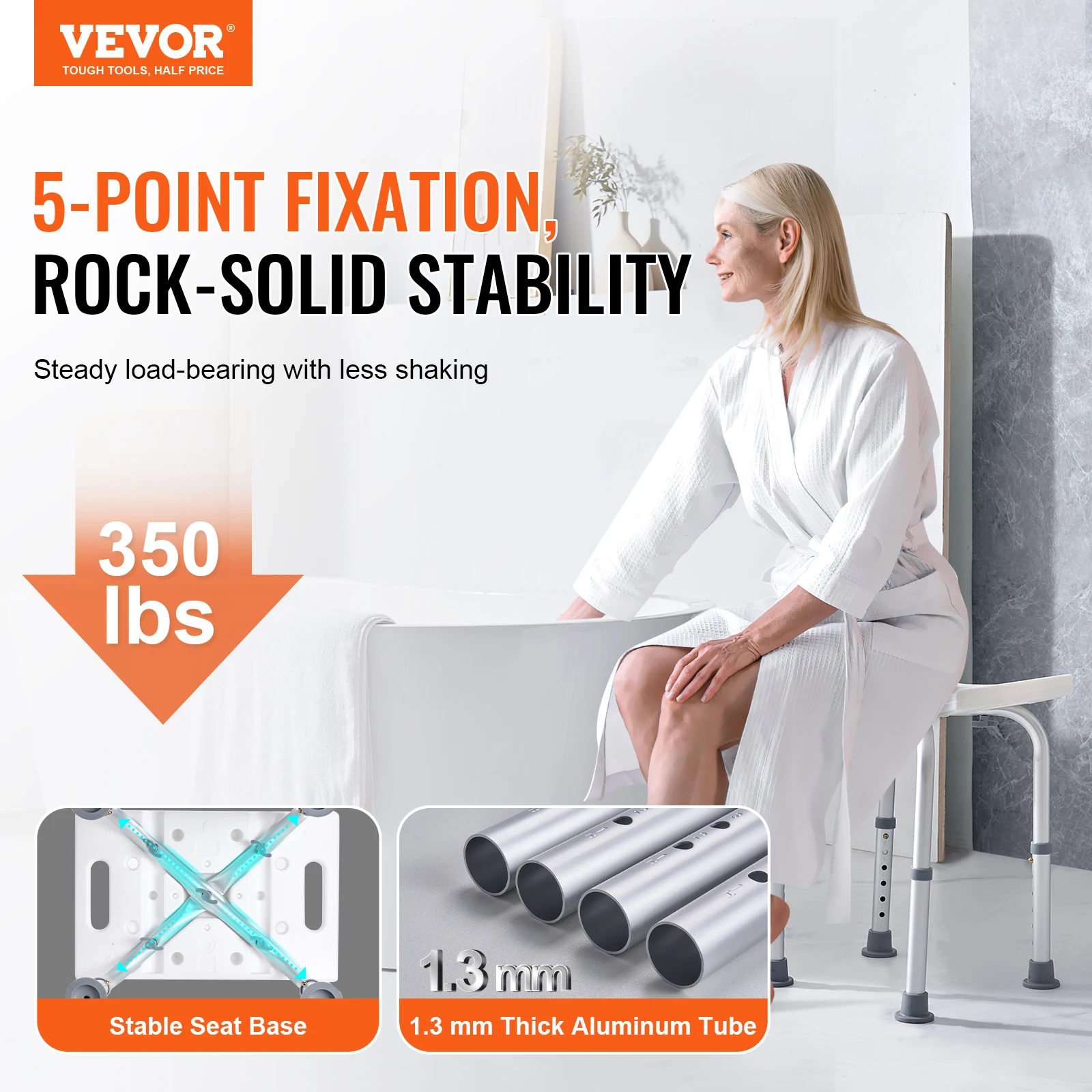 VEVOR Shower Chair Adjustable Height Shower Stool with Built-in Handles Shower Seat for Inside Shower or Tub 158.8 kg Capacity