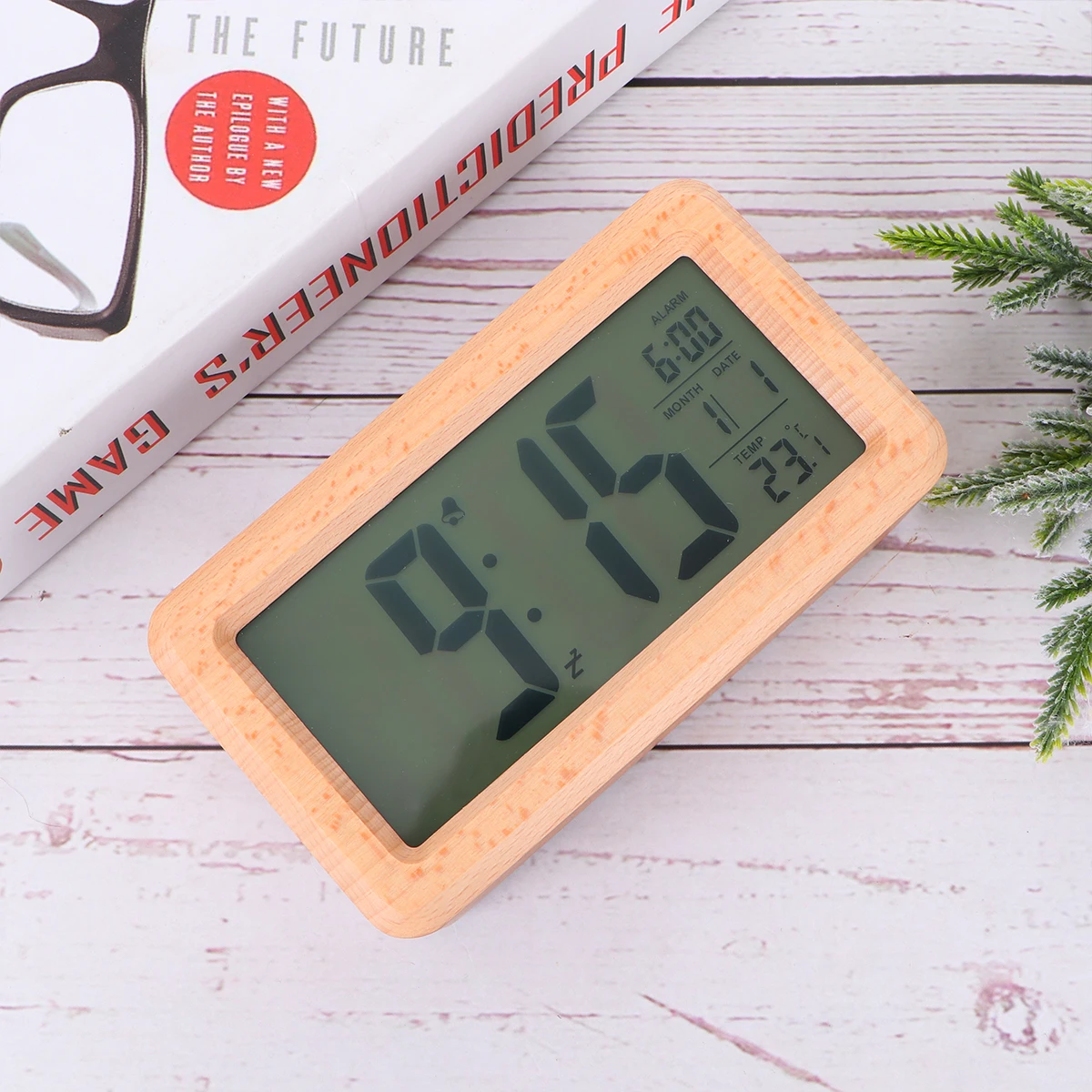 

1pc Led Desktop Wooden Digital Alarm Clock Light Sensor Sturdy Adjustable Brightness Temperature Display Home Office