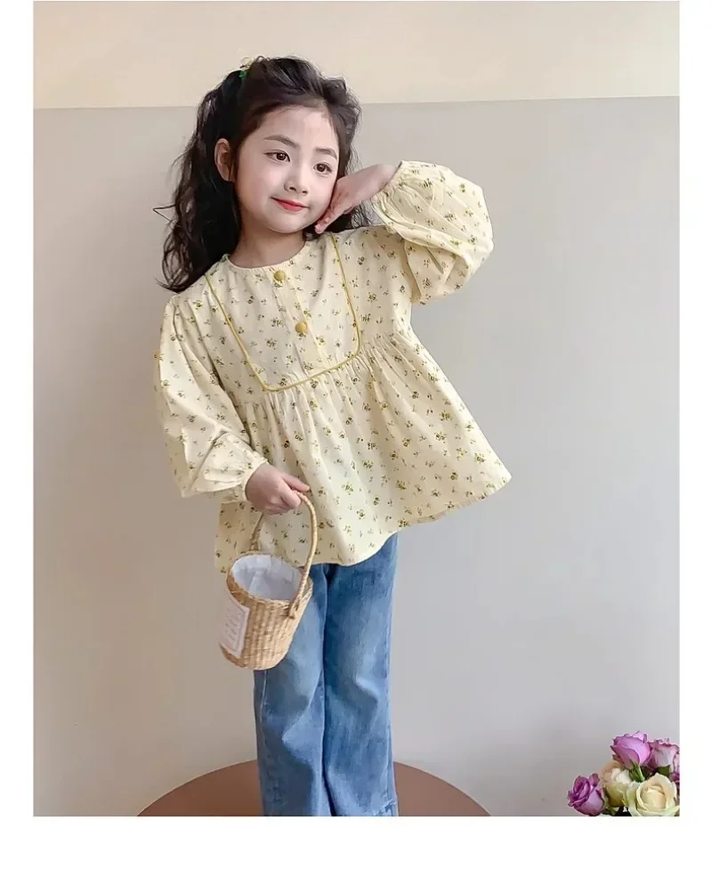 HoneyCherry Girls Floral Shirt New Sweet Bubble Long-sleeved Blouse Princess Doll Shirt Baby Girl Clothes