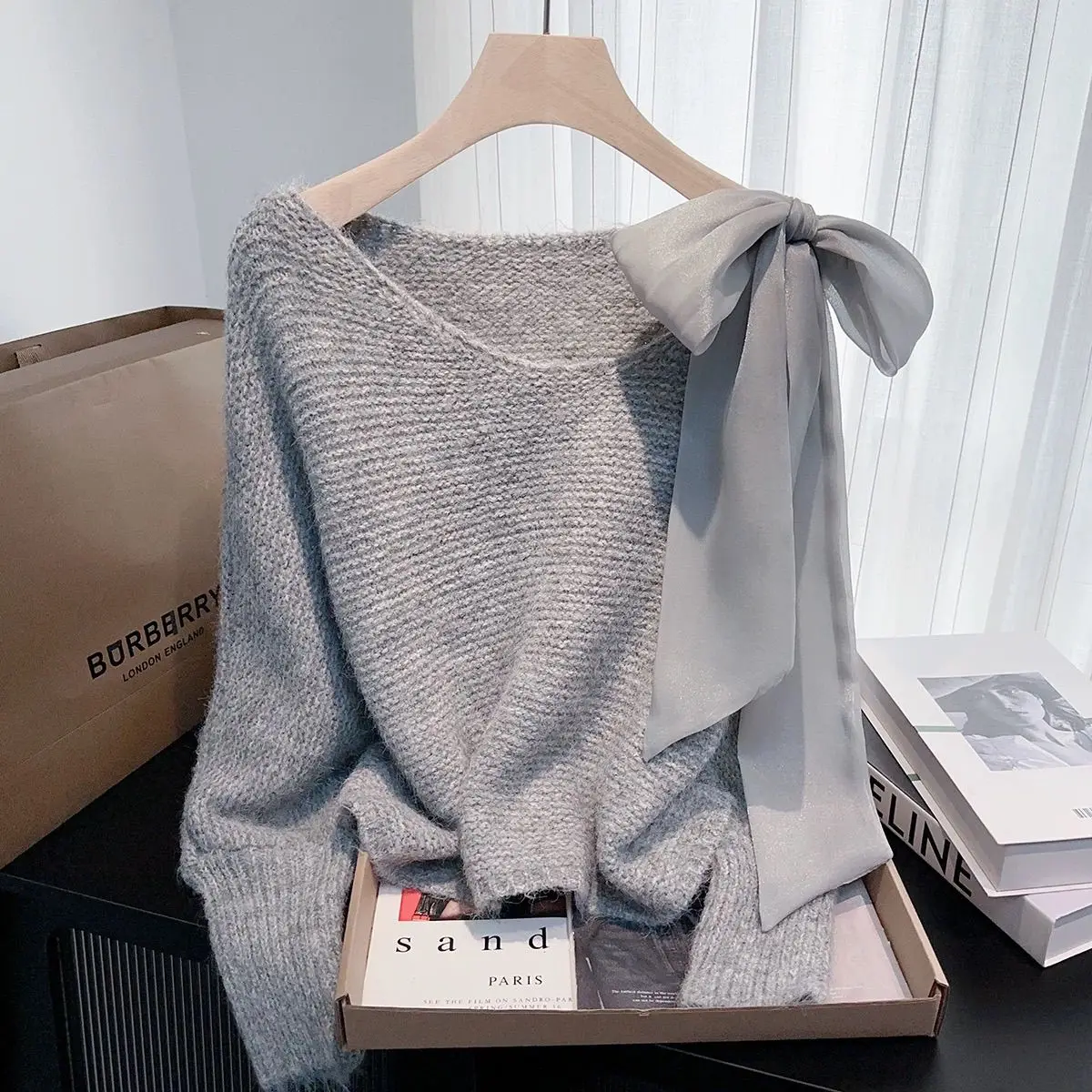 Daliang Dongguan High End Women's Knitted Sweater No Pilling Base Layer Shirt  Knot Long Sleeve round Neck Pure Color