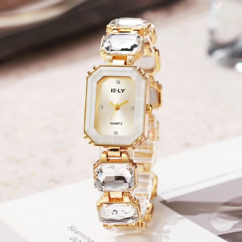 Square Women's Watch Fashion Trend Small Square Large Gemstone Colored Steel Strip Watch Business Leisure Quartz Watch