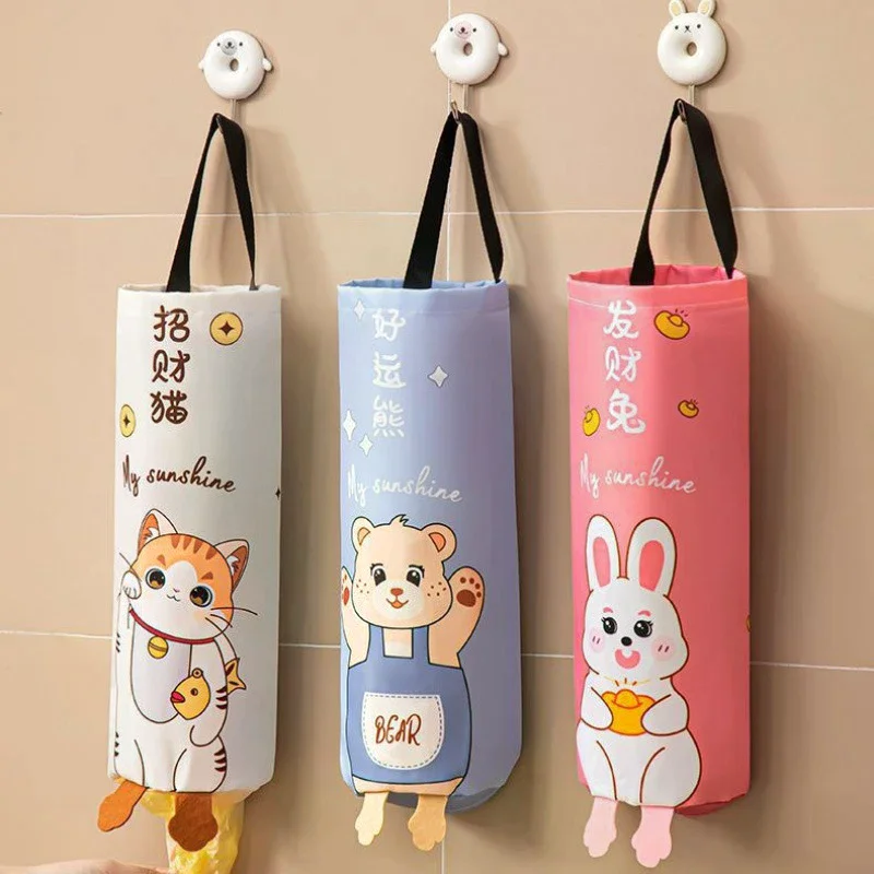 Cartoon Pattern Grocery Bag Holder Bottom Opening Wall Mounted Garbage Bag Organizer Smooth Extraction Space-Saving